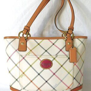 Large Coach Ivory Multi-Colored Striped Natural Hide Leather Tote handbag Purse